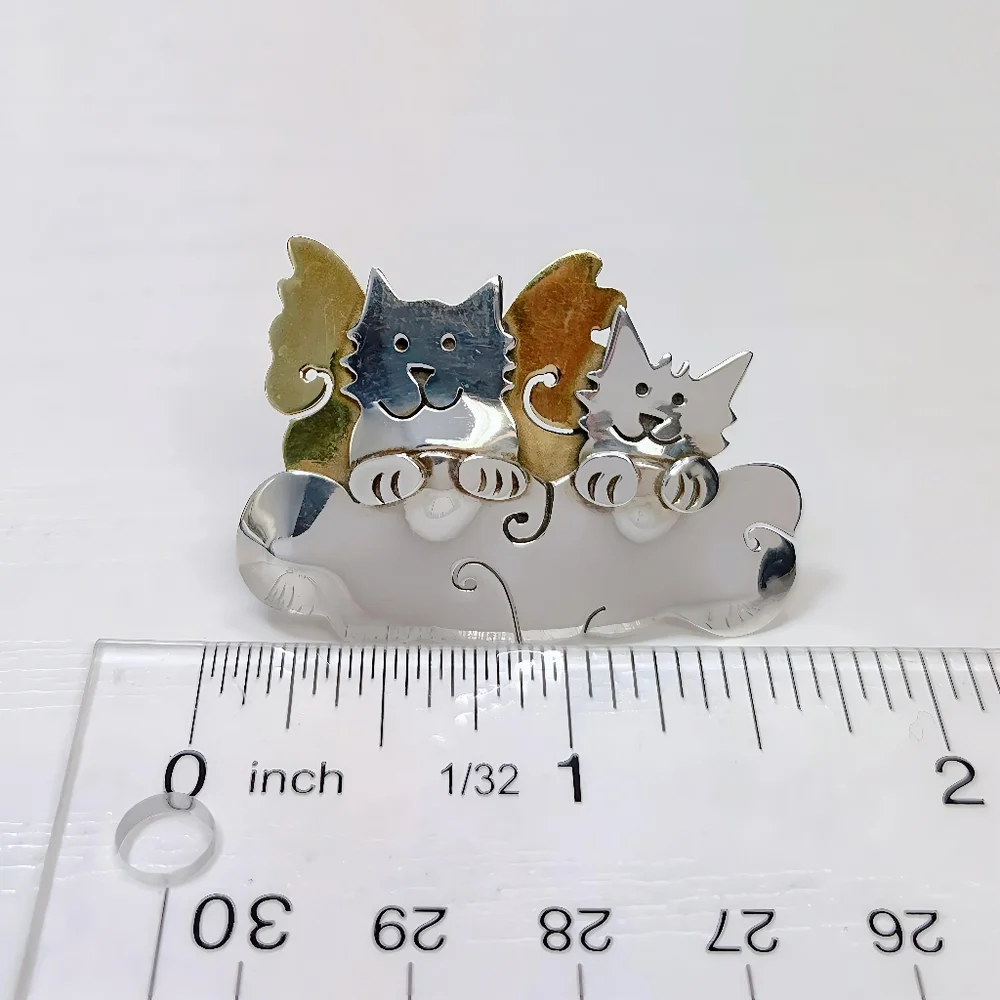 Vintage Far Fetched Sterling Silver Brass Furry Pets Guardian Angel Brooch Pin